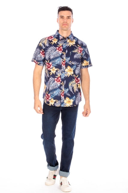 Men's Printed Woven Hawaii Floral Short Sleeve Cotton Shirt ( #53)