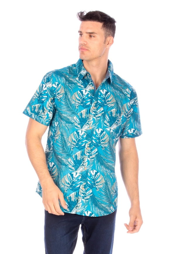 Men's Printed Woven Hawaii Floral Short Sleeve Cotton Shirt (#63)