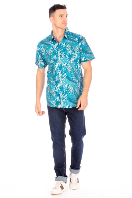 Men's Printed Woven Hawaii Floral Short Sleeve Cotton Shirt (#63)