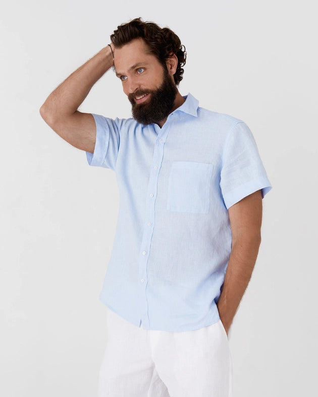 Men's Short Sleeves Linen Shirt Verbier in Sky Blue