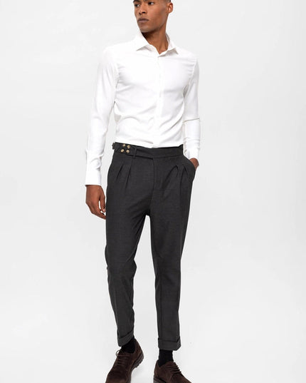 Men's Smoked High Waist (Boyfriend) Side Buckled Belt Detail Pleated Fabric Trousers