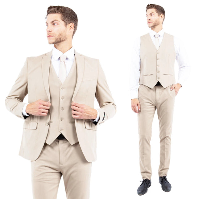 Mens Suit 4-Way Stretch 3pc w/ Expandable Waistband, Tan