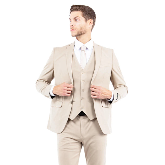 Mens Suit 4-Way Stretch 3pc w/ Expandable Waistband, Tan