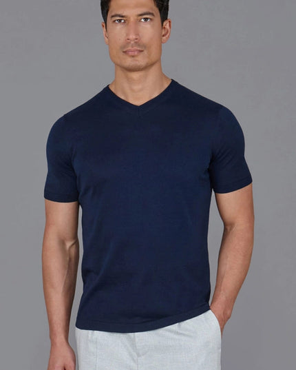 Mens Superfine Mercerised Cotton V Neck Knitted T-Shirt Navy