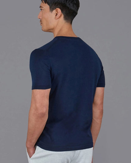 Mens Superfine Mercerised Cotton V Neck Knitted T-Shirt Navy