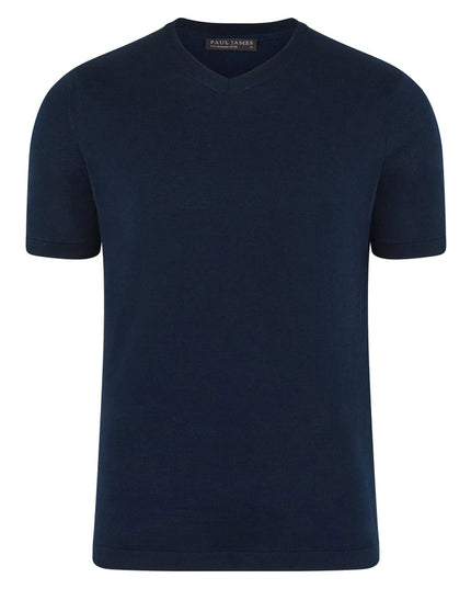 Mens Superfine Mercerised Cotton V Neck Knitted T-Shirt Navy