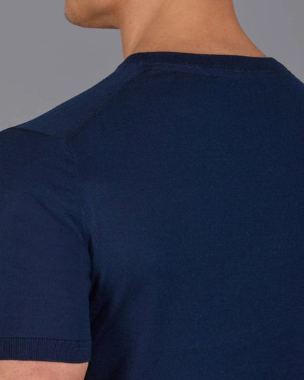 Mens Superfine Mercerised Cotton V Neck Knitted T-Shirt Navy