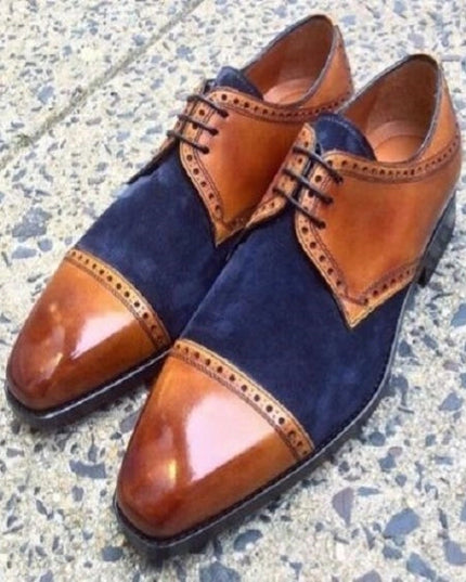 Men's Tan Brown & Blue Suede Leather Oxford Shoes