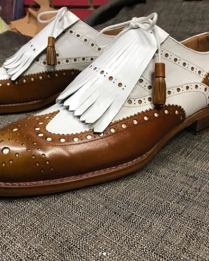 Men's Tan Brown & White Leather Fringed Wingtip Shoes