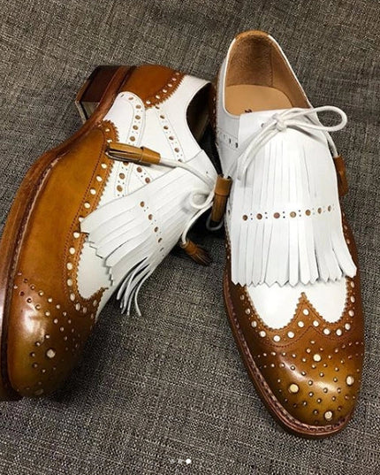 Men's Tan Brown & White Leather Fringed Wingtip Shoes