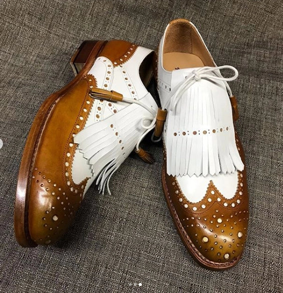 Men's Tan Brown & White Leather Fringed Wingtip Shoes