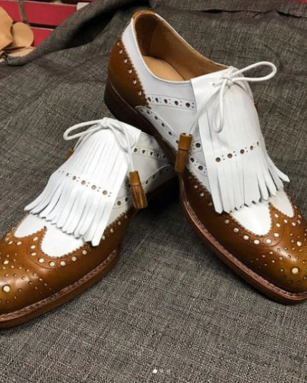 Men's Tan Brown & White Leather Fringed Wingtip Shoes