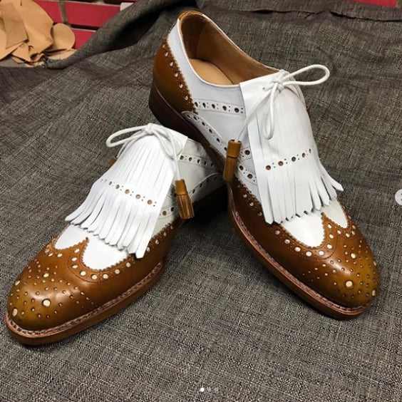 Men's Tan Brown & White Leather Fringed Wingtip Shoes