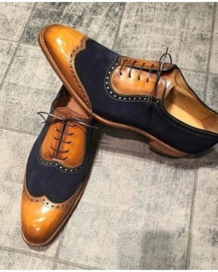 Men's Tan & Navy Blue Suede Leather Wingtip Shoes