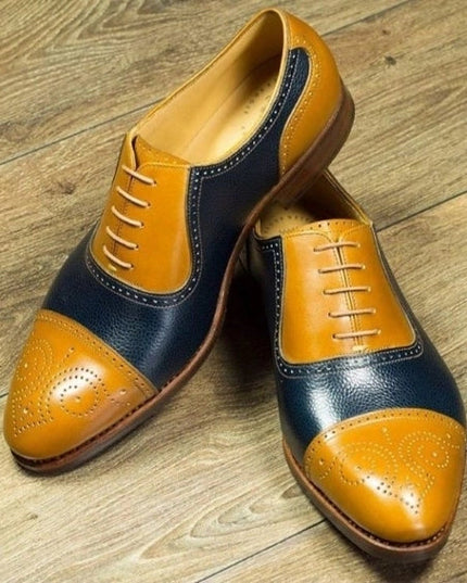 Men's Tan & Navy Blue Suede Leather Wingtip Shoes