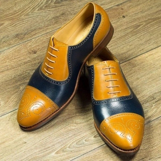 Men's Tan & Navy Blue Suede Leather Wingtip Shoes