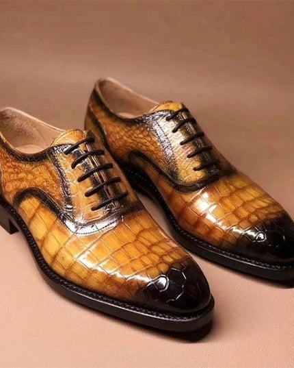 Men's Tan Patina Crocodile Leather Spectator Shoes