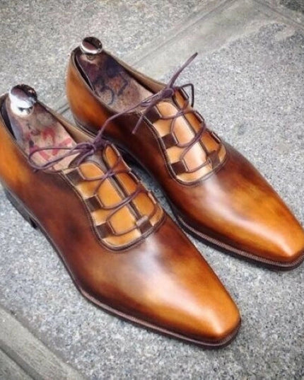 Men's Tan Patina Leather Luxury Dress Shoes