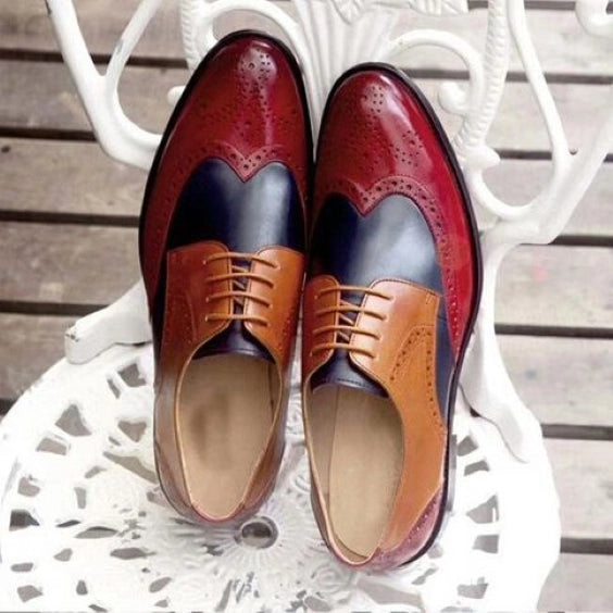 Men's Tri Tone Genuine Leather Wingtip Oxford Shoes