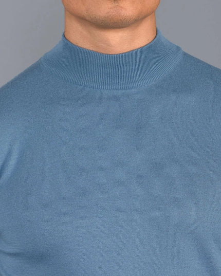 Mens Ultra Fine Cotton Mock Turtle Neck Jumper Bluestone