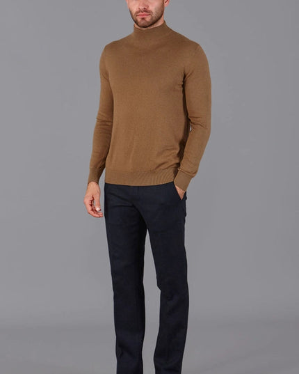 Mens Ultra Fine Cotton Mock Turtle Neck Jumper Camel