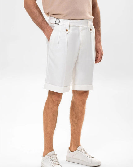 Men's White Buckle Detailed Pleated Shorts