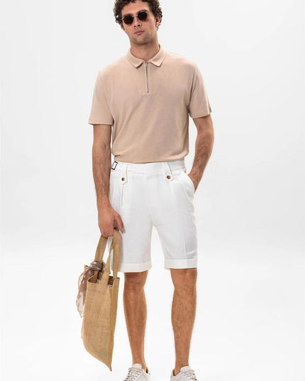 Men's White Buckle Detailed Pleated Shorts