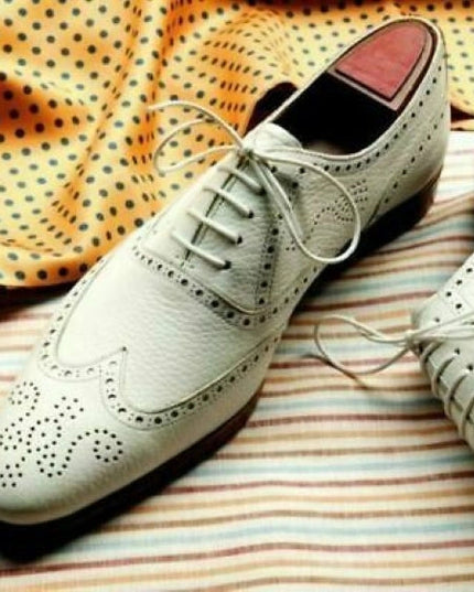 Men's White Genuine Leather Wingtip Oxford Shoes