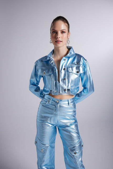 Metallic Blue Glossy Millen Cropped Jacket-0