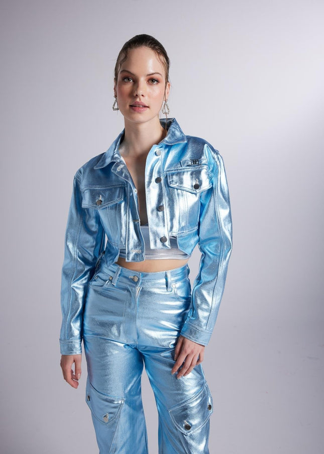 Metallic Blue Glossy Millen Cropped Jacket-1