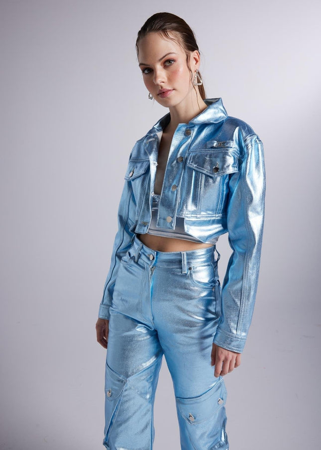 Metallic Blue Glossy Millen Cropped Jacket-2