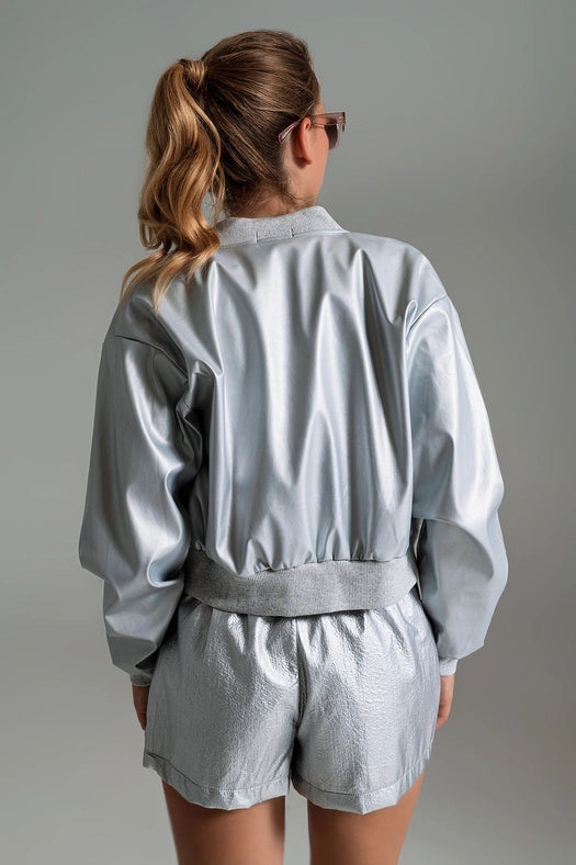 Metallic Bomber Jacket with Front Pockets in Silver