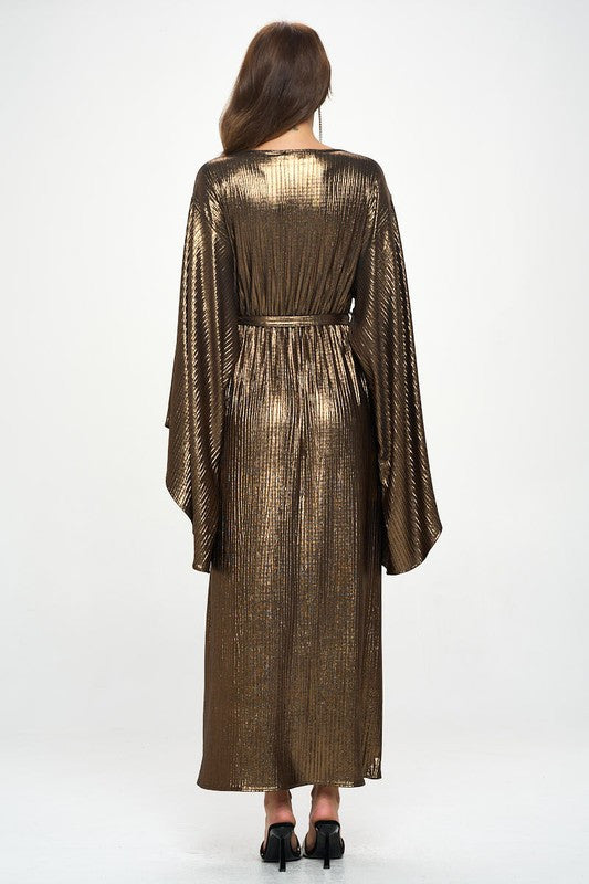 Metallic Dress with Bell Sleeve and Tie-5