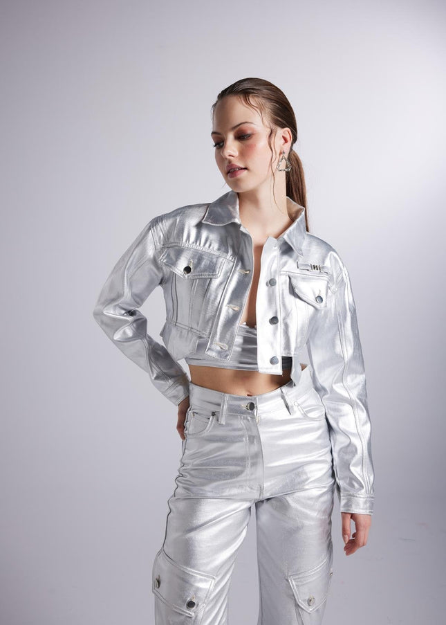 Metallic Grey Glossy Millen Cropped Jacket-1