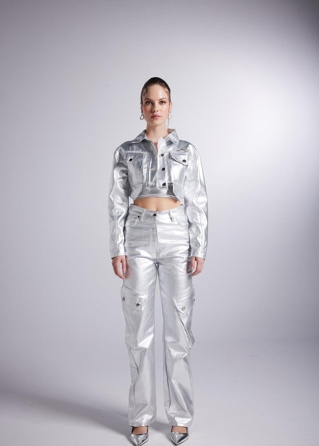 Metallic Grey Glossy Millen Cropped Jacket-3