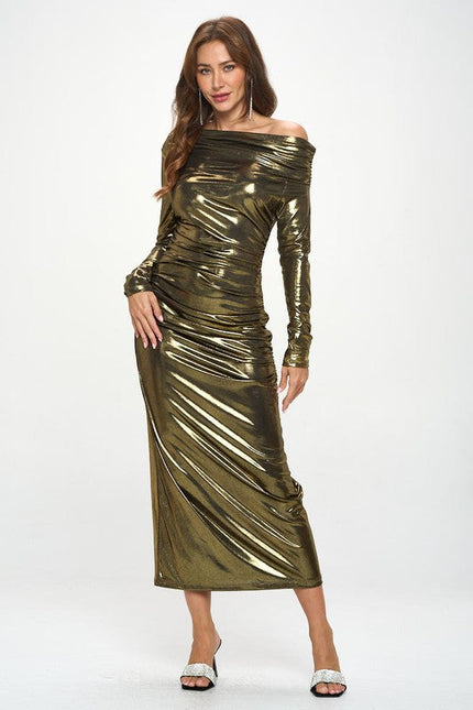 Metallic Off The Shouder Bodycon Dress-3