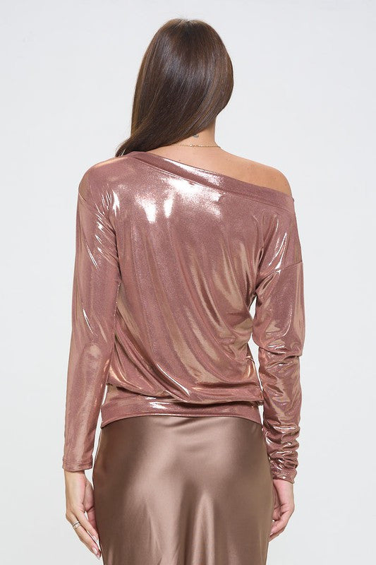 Metallic Off the Shoulder Long Sleeve Top-4