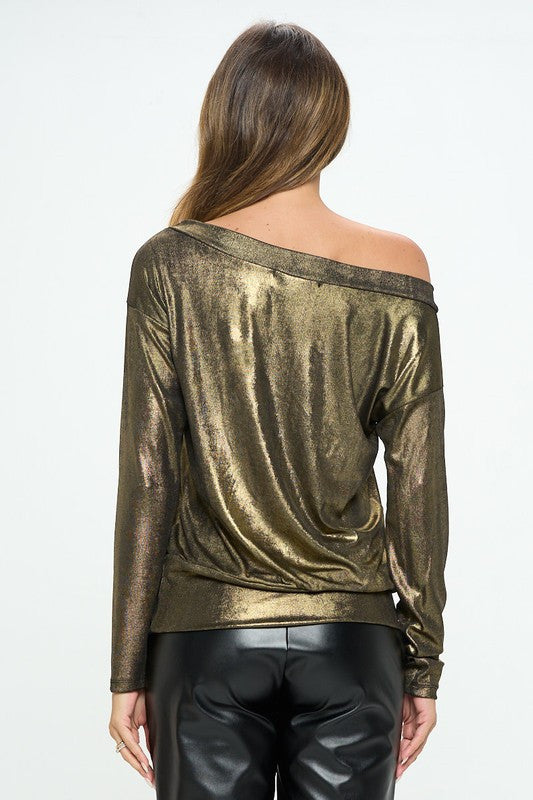 Metallic Off the Shoulder Long Sleeve Top-3