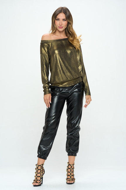 Metallic Off the Shoulder Long Sleeve Top-4