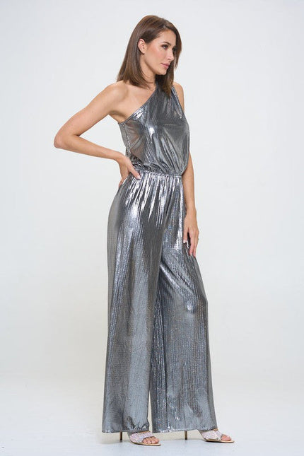 Metallic One Shoulder Wide Leg Jumpsuit-2