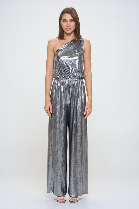 Metallic One Shoulder Wide Leg Jumpsuit-3