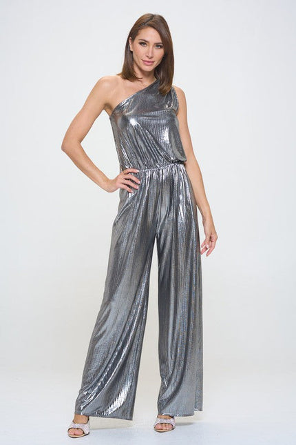 Metallic One Shoulder Wide Leg Jumpsuit-4