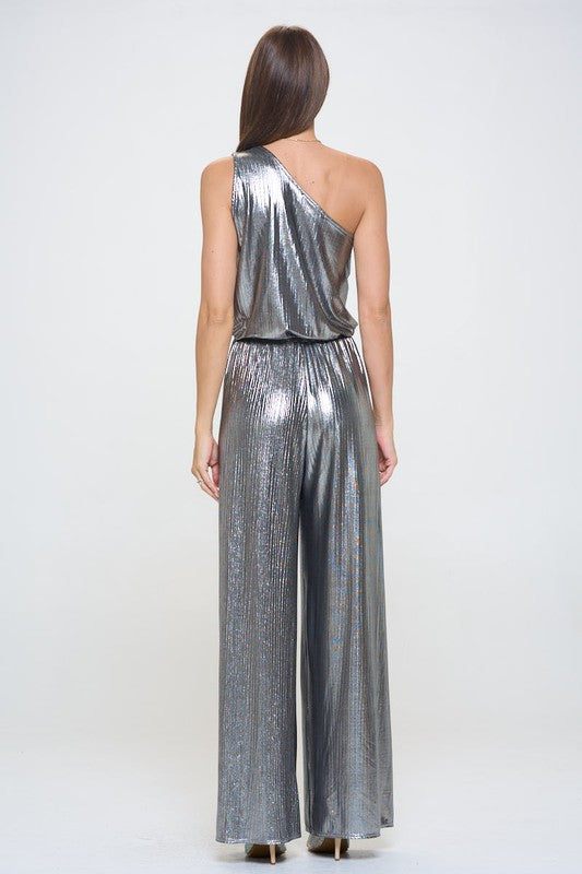 Metallic One Shoulder Wide Leg Jumpsuit-5