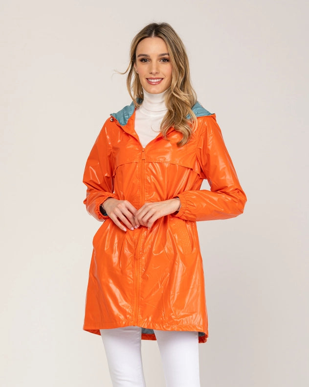 Metallic Padded Short Anorack With Hood, Zip And Buttons Orange