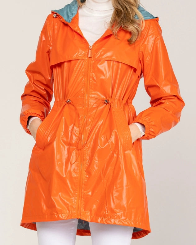 Metallic Padded Short Anorack With Hood, Zip And Buttons Orange