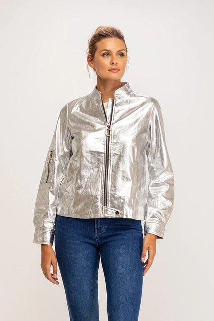 Metallic Faux Leather Bomber Jacket With Zipper