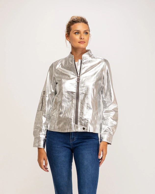 Metallic Faux Leather Bomber Jacket With Zipper