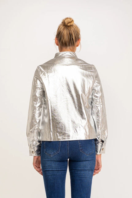 Metallic Faux Leather Bomber Jacket With Zipper