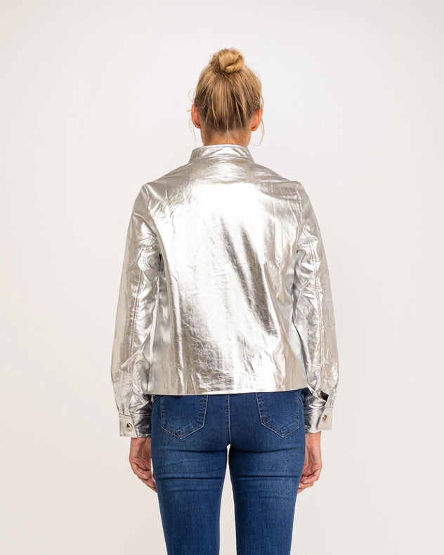 Metallic Faux Leather Bomber Jacket With Zipper