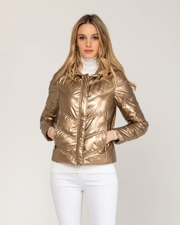 Metallic Padded Short Anorack With Hood, Zip And Buttons Gold